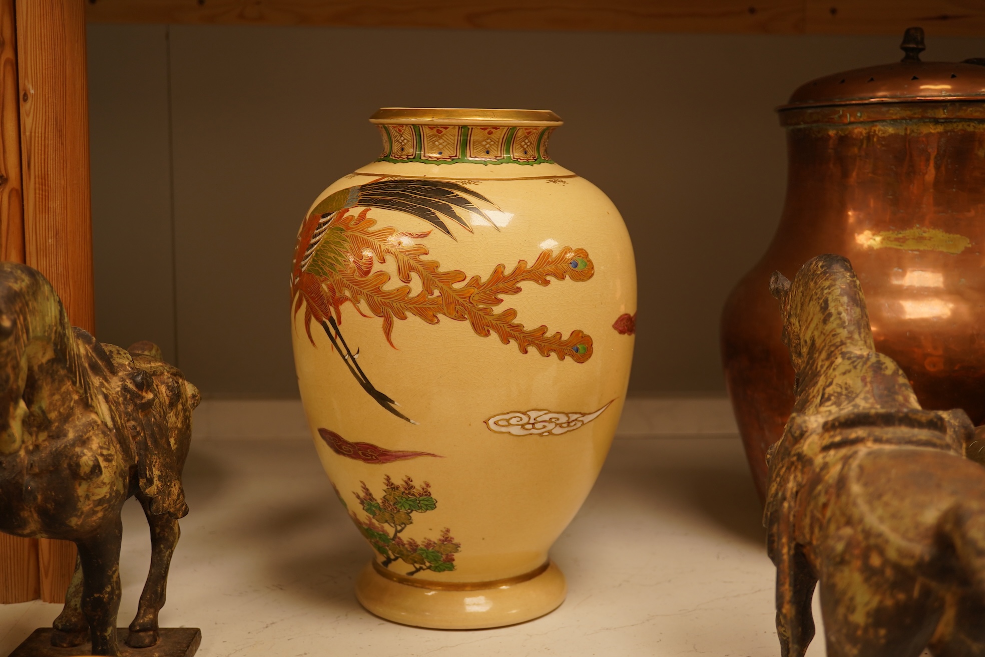 A pair of Chinese bronze horses, a Japanese Satsuma bowl and similar vase, vase 33cm high.